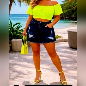 Neon Yellow Cropped Top and Distressed Denim Skirt (2 Pieces Sold Together)